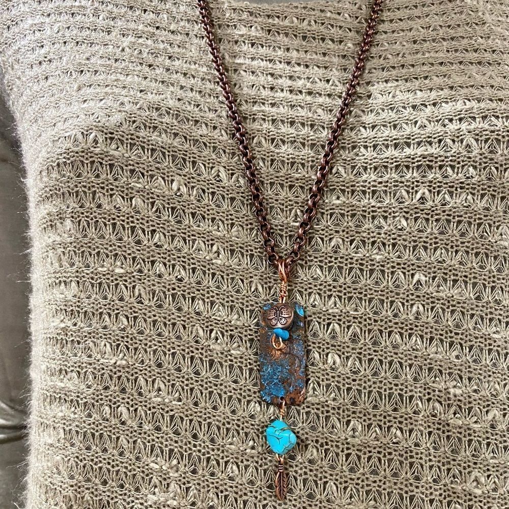 Copper Patina Turquoise Pendant Necklace 30” Handmade